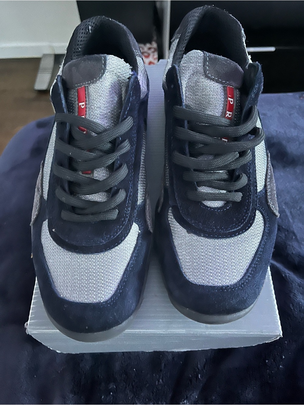 Prada Navy & Light Gray Suede Mesh Sneakers - Picture 1 of 3